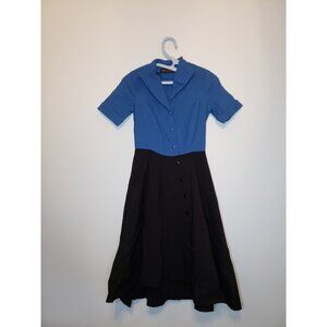 Gown Town Womens S Knee Length Dress Retro Blue Black Button Front Collar Neck